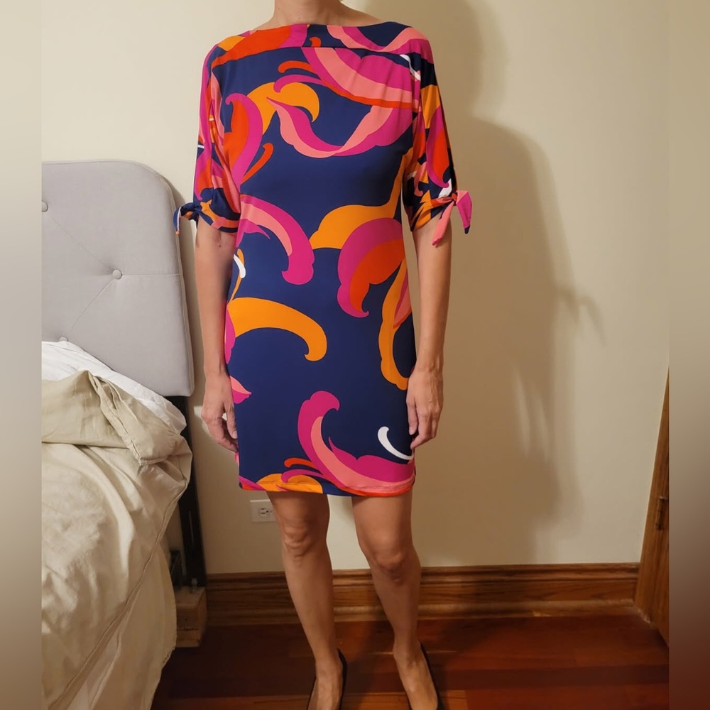 Trina Turk Navy Swim Cover-Up Dress with Pink and Orange Swirls